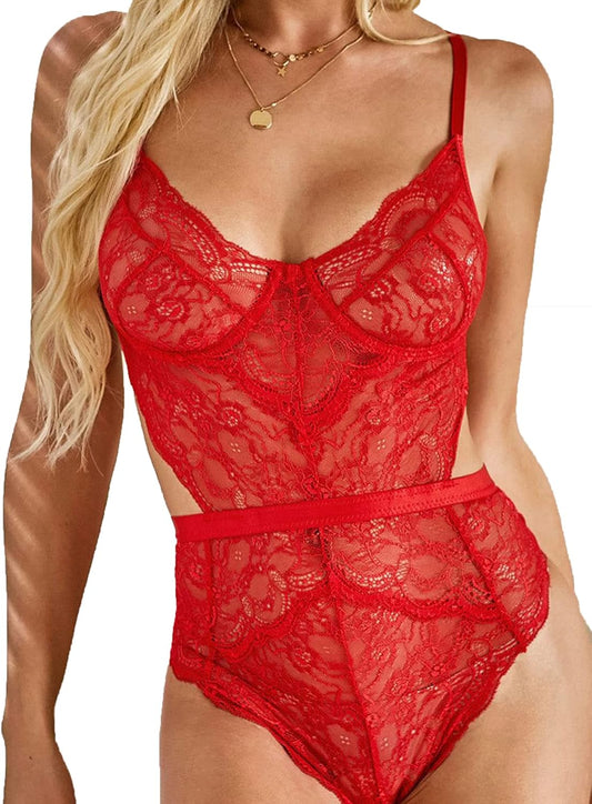 Women Sexy Bodysuit Teddy Lingerie Floral Lace One Piece Cutout Cheeky Babydoll Red L